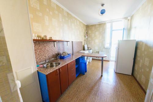 una pequeña cocina con fregadero y nevera. en Central Light Apartment en Oremburgo