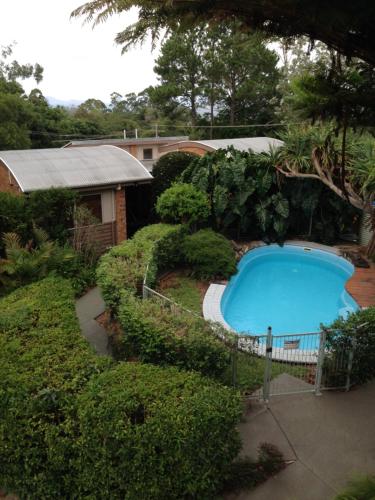 Una vista aérea de una piscina en un jardín. en Maleny Terrace Cottages, en Maleny
