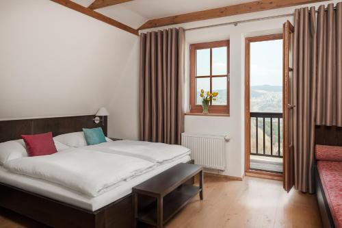 a bedroom with a bed and a large window at Aneta Hotel & Restaurant in Vítkovice