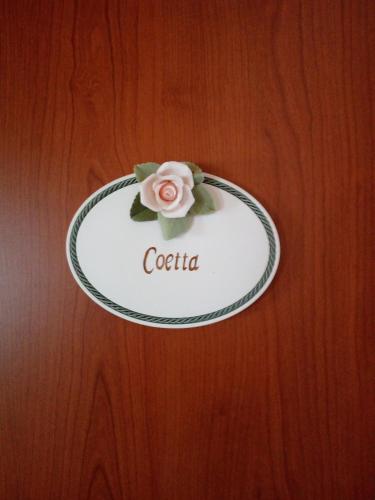 a white plate with a pink rose on a table at BB Mambrotta in San Martino Buon Albergo