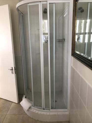 y baño con ducha y puerta de cristal. en B&B@9.Libertas en Stellenbosch