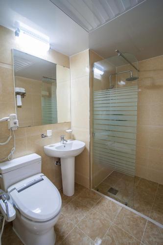 a bathroom with a toilet and a sink and a shower at Breeze Bay Hotel in Seogwipo
