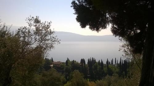 a view of a lake with trees and a house at Cà del borgo Historic Village in Toscolano Maderno