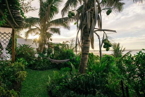 a hammock in a garden with the ocean in the background at Baia Sonambula in Praia do Tofo