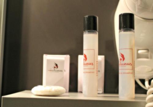 a shelf with two bottles of hair products on it at Halanus Hotel And Resort in Alanno