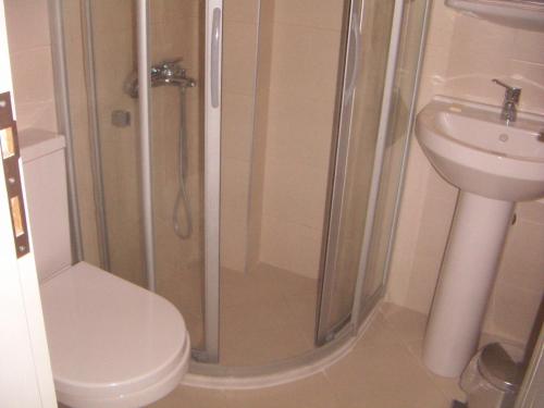 a bathroom with a shower and a toilet and a sink at Melaike Hotel in Foça