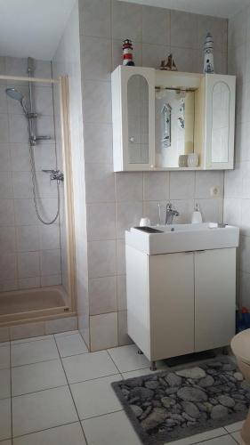 y baño con lavabo y ducha. en Ferienwohnung Langzettel, en Oberweißbach