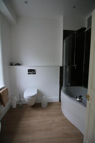 a bathroom with a toilet and a glass shower at Prince Hill House in Devizes