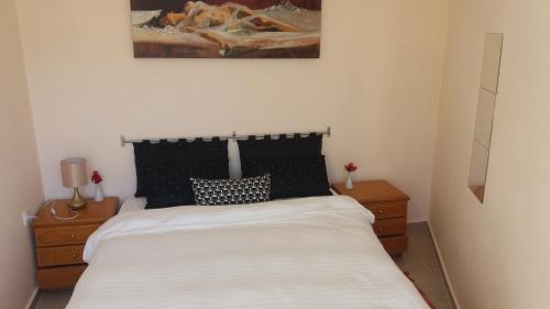 a bedroom with a bed and a painting on the wall at Melina's Sunset in Myrties