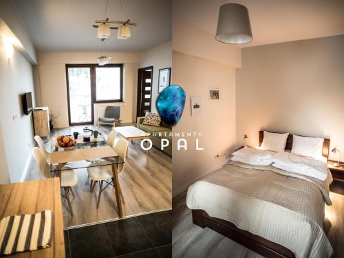 a bedroom and a living room with a bed and a dining room at Apartamenty Opal in Krynica Zdrój
