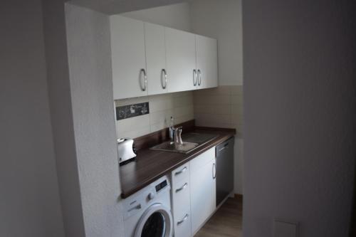 a kitchen with a sink and a washing machine at Gut Kuhfs in Großzössen