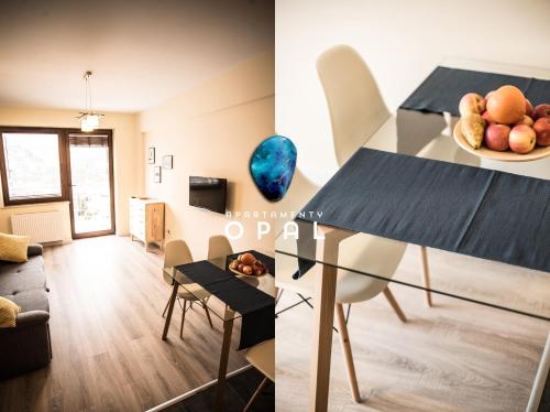 a dining room and living room with a table and chairs at Apartamenty Opal in Krynica Zdrój