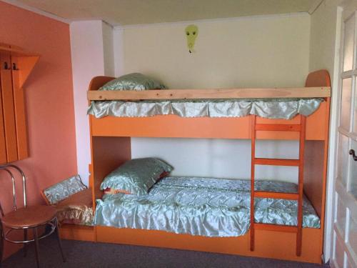 two bunk beds in a room with a ladder at Pensiunea Claudia in Beliş