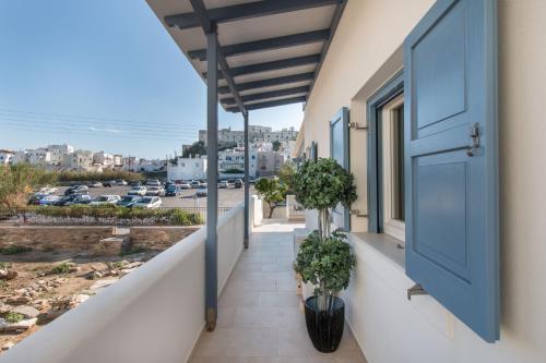 a balcony with a blue door and two potted plants at Villa Maria Naxos -with new hot tub in Naxos Chora