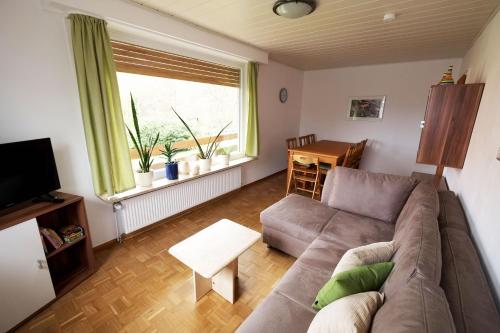 ein Wohnzimmer mit einem Sofa und einem Fenster in der Unterkunft Wolfsbau Ferienwohnung in Langelsheim