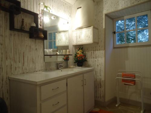 baño con lavabo, espejo y ventana en Le refuge du Pinail en Vouneuil-sur-Vienne