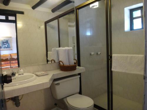 a bathroom with a toilet and a sink and a shower at Hotel Hospederia San Carlos Villa De Leyva in Villa de Leyva