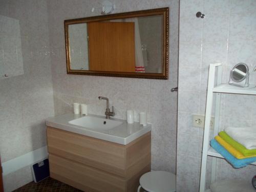 a bathroom with a sink and a toilet and a mirror at Ferienhaus Irger in Marquartstein