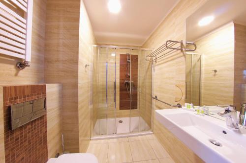 a bathroom with a shower and a sink and a toilet at Auto Port Renice in Myślibórz