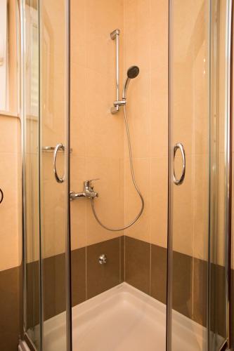 a shower with a glass door in a bathroom at Apartments Silence in Mlini