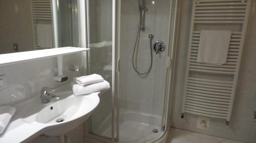 a bathroom with a shower and a sink and a shower at Bad Kochenmoos in Naturno