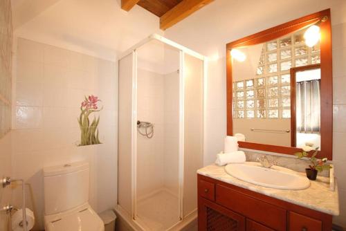 a bathroom with a shower and a toilet and a sink at Quinta Rosa Branca in Tavira