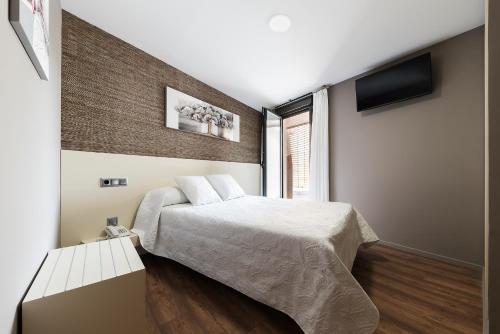 a bedroom with a bed and a television in it at Pension Residencial Victoria in Santa Cruz de Ribadulla