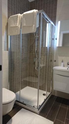 a bathroom with a shower with a toilet and a sink at B&B Schlosser in Zagreb