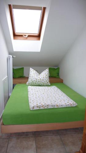 a bedroom with a green bed with a skylight at Apartment Jasmin in Garmisch-Partenkirchen