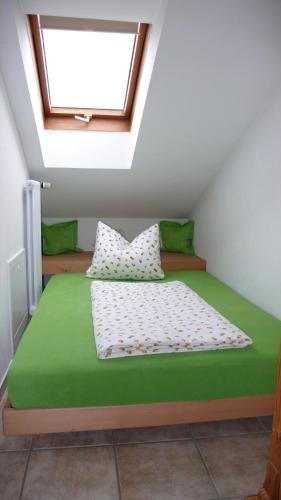 ガルミッシュ・パルテンキルヒェンにあるApartment Jasminのベッドルーム(天窓付きの緑のベッド1台付)