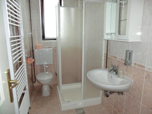 a bathroom with a shower and a sink and a toilet at Pansion Izvor in Korenica