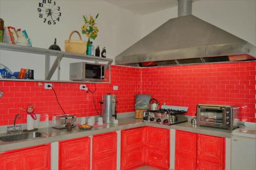 cocina roja con pared de ladrillo rojo en Casa Malala en Buenos Aires