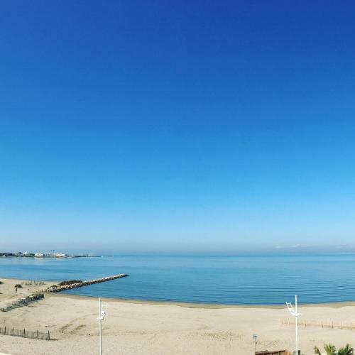 a view of the beach and the ocean at Hôtel Café Miramar in Le Grau-du-Roi