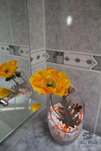 a vase filled with orange flowers sitting on a counter at Casa da Ribeirinha in Sabugueiro