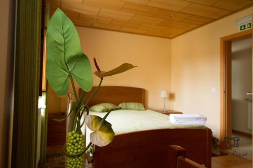 a bedroom with a bed with a plant in a vase at Casa do Telheiro in Sabugueiro