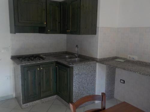 an empty kitchen with green cabinets and a sink at Casa Nazionale in Orosei