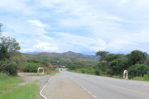 an empty road with trees and mountains in the distance at Wild Tracks Overland Camp in Kasese