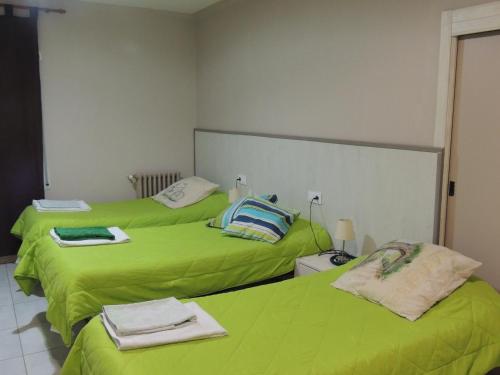 two green beds in a room with green sheets at Hostal Can Massot in Anglés