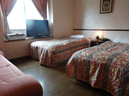 a hotel room with two beds and a flat screen tv at Gasthof Arutany in Nasu