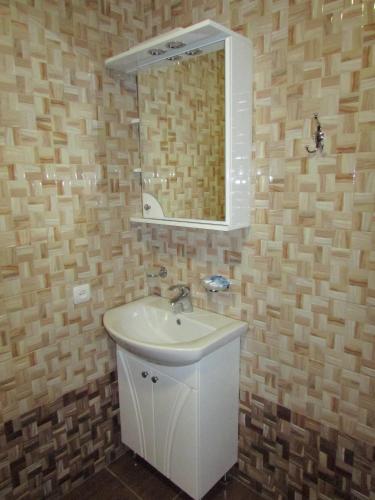 a bathroom with a sink and a mirror at Hotel Ashad in Svalyava