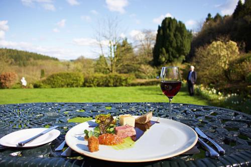 a plate of food and a glass of wine on a table at The Falcondale at Lampeter in Lampeter