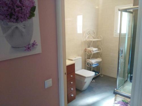 a bathroom with a toilet and a vase of purple flowers at Cala Galdana Beach in Cala Galdana