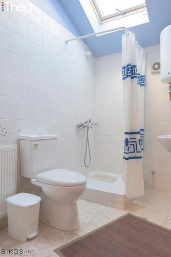 a bathroom with a toilet and a shower curtain at Sofia Apartments in Alexandroupoli
