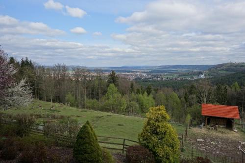 a smallshed on a hill with a green field at Hotel Gasthof Schönblick in Neumarkt in der Oberpfalz