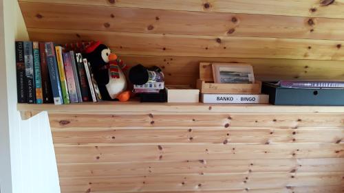 a wooden shelf with books and toys on it at The Rainbow POD in Miltown Malbay