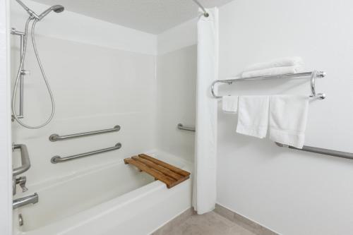 a bathroom with a shower and a tub with towels at Super 8 by Wyndham Ionia MI in Ionia