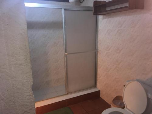 a shower stall in a bathroom with a toilet at Hosteria Cumilinche in Same