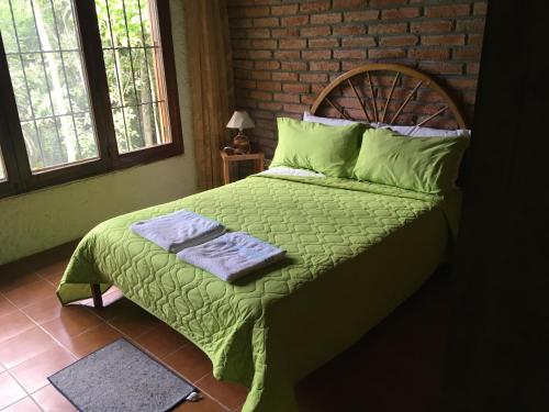 a bedroom with a green bed with a brick wall at Hosteria Cumilinche in Same