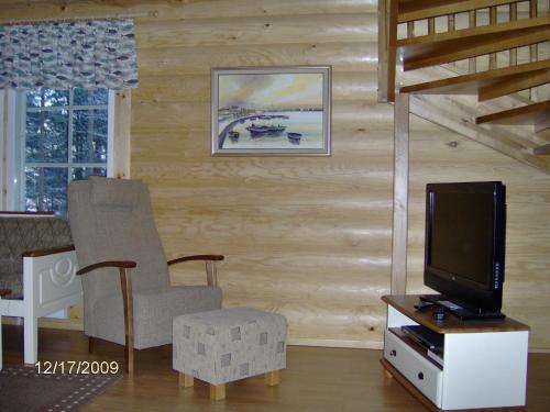 a living room with a chair and a television at KoliCarelia Cottages in Hattusaari