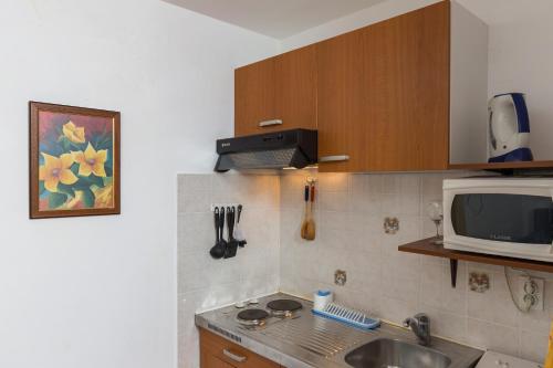 a kitchen with a sink and a microwave at Apartments Milanović in Cavtat